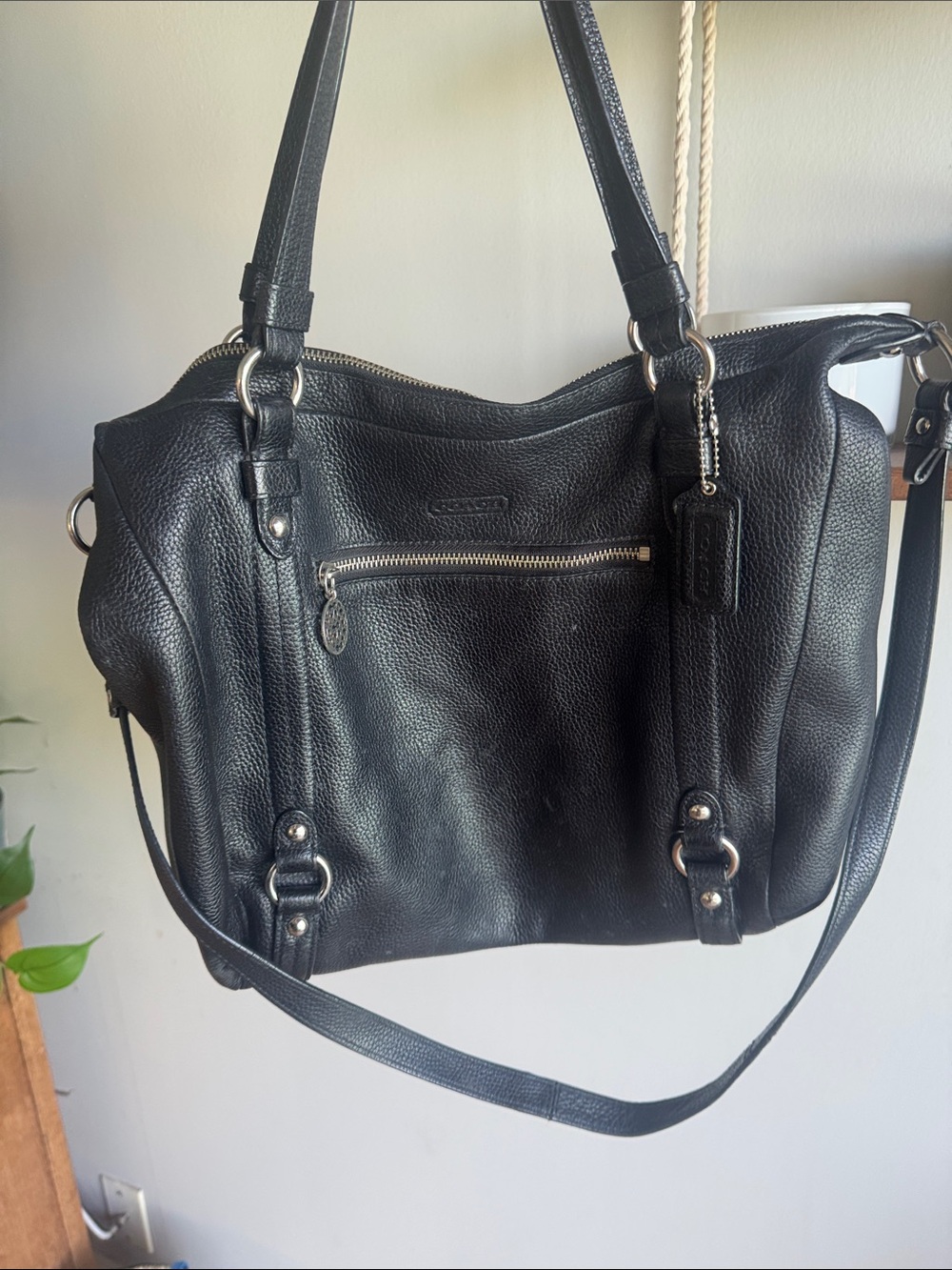 Coach Alexandra Black Pebbled Leather Shoulder Bag with Silver Hardware